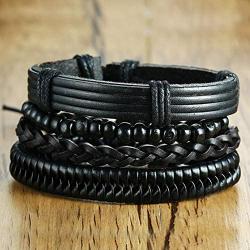 LKYOU JEWELRY Black Leather Bracelet Set for Men Cuff Multilayer Braided Bracelet Handmade Jewelry