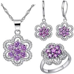 Uloveido Womens Platinum Plated Cubic Zirconia Flower Pendant Necklace Hoop Earrings and Rings Set Crystal Wedding Jewelry T489