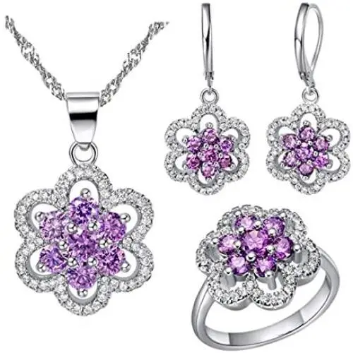 Uloveido Womens Platinum Plated Cubic Zirconia Flower Pendant Necklace Hoop Earrings and Rings Set Crystal Wedding Jewelry T489 Uloveido Womens Platinum Plated Cubic Zirconia Flower Pendant Necklace Hoop Earrings and Rings Set Crystal Wedding Jewelry T489
