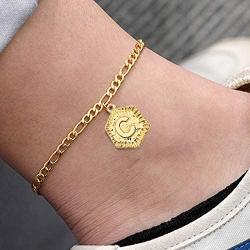 FUTIMELY 18K Gold Plated Initial Anklet for Women Girls Men,Cute Summer Sandy Beach Anklet Bracelet,Figaro Chain Frosted Coin Disk Pendant Foot Jewelry
