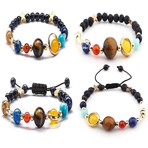 2-4Pcs Adjustable Solar System Natural Stone Strand Stretch Bracelet Universe Galaxy Eight Planets Guardian Sun Star Beads Bracelet Bangle for Women Men Boy Girl Unisex Jewelry Gifts