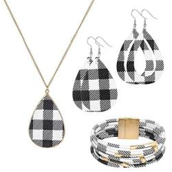 MTSCE 4 Pc Womens Glitter Jewelry Sets Plaid Print Leather Multi-Layer Bracelet Necklace Earrings Sets for Women Girls