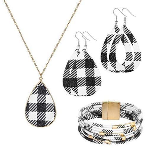 MTSCE 4 Pc Womens Glitter Jewelry Sets Plaid Print Leather Multi-Layer Bracelet Necklace Earrings Sets for Women Girls