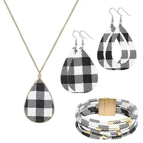 MTSCE 4 Pc Womens Glitter Jewelry Sets Plaid Print Leather Multi-Layer Bracelet Necklace Earrings Sets for Women Girls
