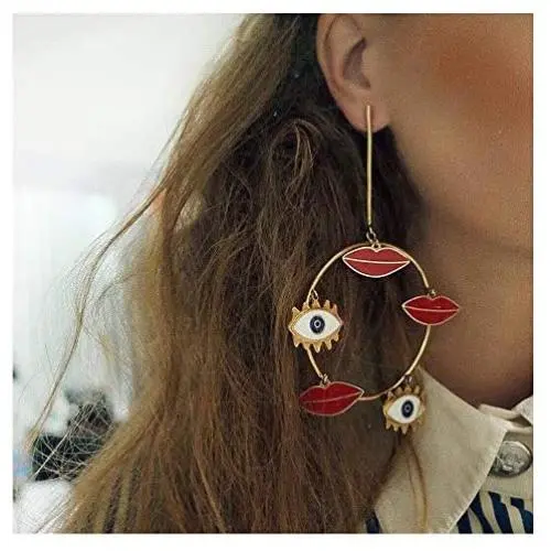 Exaggerated Long Big Evil Eyes Lips Charm Gold Color Dangle Earrings for Women Bohemian Earrings Party Jewelry (Color A) Exaggerated Long Big Evil Eyes Lips Charm Gold Color Dangle Earrings for Women Bohemian Earrings Party Jewelry (Color A)
