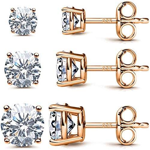 CZ Stud Earrings 925 Sterling Silver 18K Gold Plated Round Cubic Zirconia Hypoallergenic Set