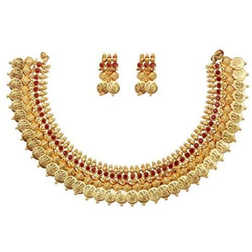 SANARA Indian Bollywood Jewelry Ethnic Gold Plated Traditional South Indian Coin Temple Choker Necklace Earring Set Women Bridal Choker Jewelry Multi Stone Jewelry