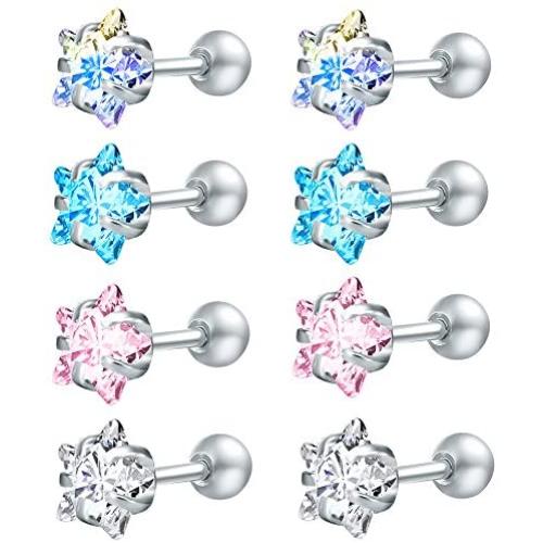 ZS 4 Pairs Shiny Cubic Zirconia Surgical Steel Stud Earrings Tragus Helix Conch Piercing Cartilage Sets