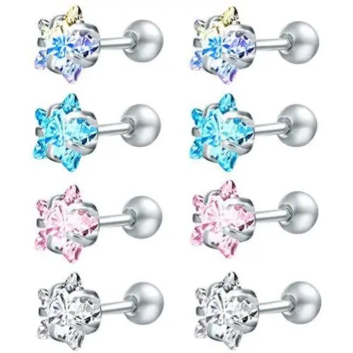 ZS 4 Pairs Shiny Cubic Zirconia Surgical Steel Stud Earrings Tragus Helix Conch Piercing Cartilage Sets