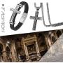 Cupimatch 2 Pcs Mens Cross Pendant Necklace Leather Bracelet Set, Stainless Steel 22 inch Chian 8.3 inch Magnetic Braided Bangle Jewelry