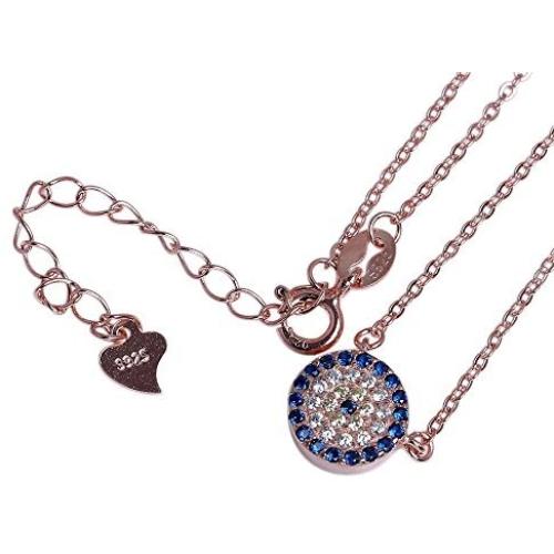 Kaletine Round Evil Eye Pendant Necklace Sterling Silver 925 Created Cubic Zirconia CZ Cable Chain 16''+2'' Extender