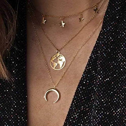 Ckecharfa Boho Layered Moon Pendant Necklace Gold Map Necklaces Star Choker Necklace Summer Beach Jewelry Chain for Women and Girls Ckecharfa Boho Layered Moon Pendant Necklace Gold Map Necklaces Star Choker Necklace Summer Beach Jewelry Chain for Women and Girls