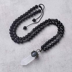Top Plaza Natural Stone Healing Crystal Hexagonal Pointed Gemstone Pendant Necklace Crescent Moon Jewelry Adjustable Lava Rock Beads Necklaces for Women Men