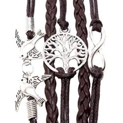 NEVERMORE Multi-Corded Leather Bracelet Antique Silver Tree of Life, Infinity, and Flying Doves CharmsBLACK Friday Special