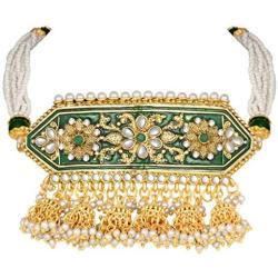 I Jewels Indian Bollywood Gold Plated Kundan Pearl Meena Work Choker Jewelry set with Jhumkis For Women