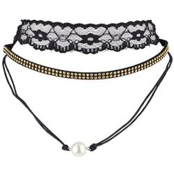 LUX ACCESSORIES Black Lace Goldtone Double Row Studded Imitation Pearl Choker Set (3PCS)