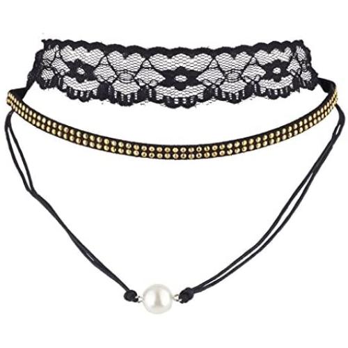 LUX ACCESSORIES Black Lace Goldtone Double Row Studded Imitation Pearl Choker Set (3PCS)