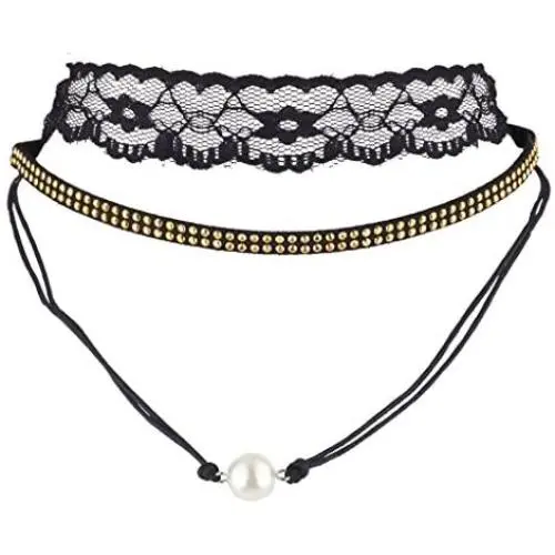 LUX ACCESSORIES Black Lace Goldtone Double Row Studded Imitation Pearl Choker Set (3PCS)