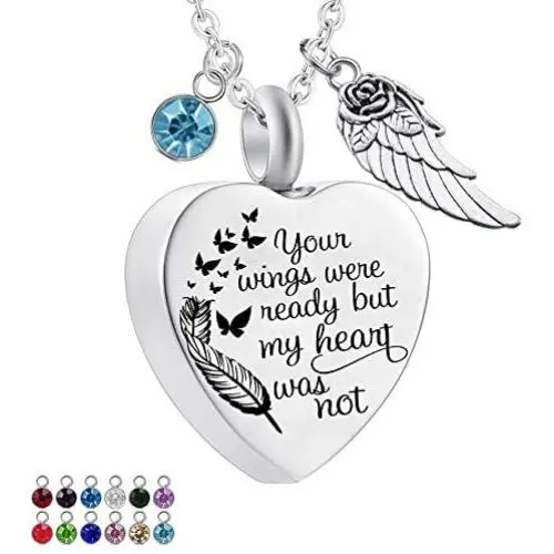 God has You in his arms with Angel Wing Charm Cremation Ashes Jewelry Keepsake Memorial Urn Necklace with Birthstone Crystal