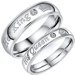 Fashion Ahead 2pcs Silver Matching Couple Promise Rings Set His Queen Her King Stainless Steel Engagement Anniversary Rings Couple Jewelry Gifts