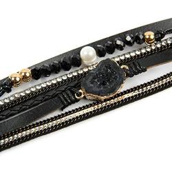 RIAH FASHION Bohemian Leatherette Wrap Multi Layer Statement Bracelet - Wrist Cuff Cubic Rhinestone, Sparkly Bead, Faux Druzy Crystal, Natural Stone Pearl