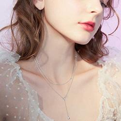 FLYOW Layered Necklace S925 Sterling Silver Teardrop Double Choker Y Lariat Necklace Gifts for Women