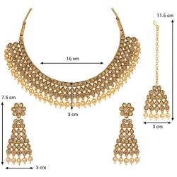 Aheli Ethnic Bollywood Faux polki with Pearl Strand Necklace Earrings Maang Tikka Indian Jewelry Set for Women