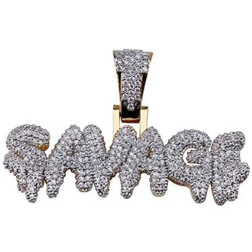 KOSMOLING Iced Out Dripping Letters SAVAGE Pendant Necklace for Men and Women, Micro Pave AAA Cubic Zircon Hip Hop Jewelry, 24'' Gold Color Stainless Steel Rope Chain