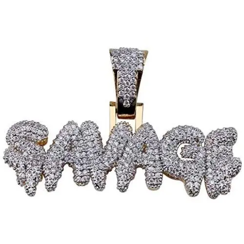 KOSMOLING Iced Out Dripping Letters SAVAGE Pendant Necklace for Men and Women, Micro Pave AAA Cubic Zircon Hip Hop Jewelry, 24'' Gold Color Stainless Steel Rope Chain
