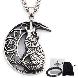 Gungneer Stainless Steel Pentacle Crescent Moon Celtic Knot Howling Wolf Necklace Irish Strength Jewelry