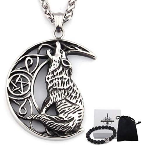 Gungneer Stainless Steel Pentacle Crescent Moon Celtic Knot Howling Wolf Necklace Irish Strength Jewelry