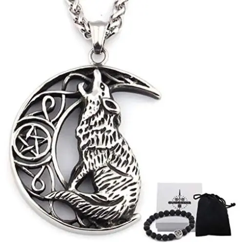 Gungneer Stainless Steel Pentacle Crescent Moon Celtic Knot Howling Wolf Necklace Irish Strength Jewelry Gungneer Stainless Steel Pentacle Crescent Moon Celtic Knot Howling Wolf Necklace Irish Strength Jewelry