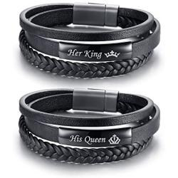 VNOX Her King His Queen Handmade Genuine Leather Wrap Cuff Wristband Bracelet for Him Her