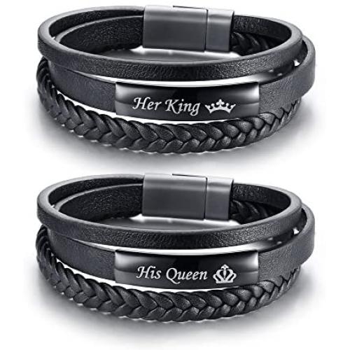 VNOX Her King His Queen Handmade Genuine Leather Wrap Cuff Wristband Bracelet for Him Her