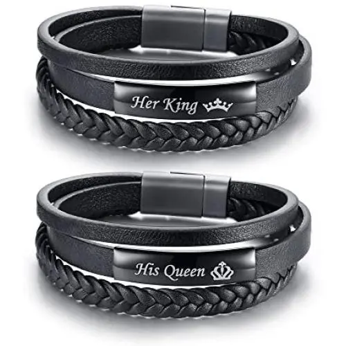 VNOX Her King His Queen Handmade Genuine Leather Wrap Cuff Wristband Bracelet for Him Her