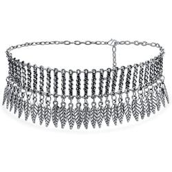 Native American Style Coachella Festival Dangling Feather Wide Choker Necklace for Women for Teen Oxidized Silver Plated