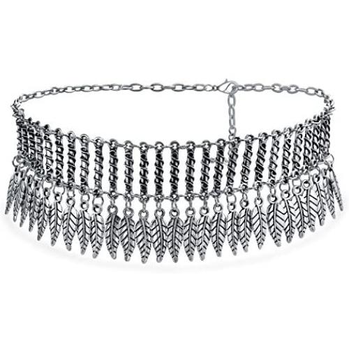 Native American Style Coachella Festival Dangling Feather Wide Choker Necklace for Women for Teen Oxidized Silver Plated