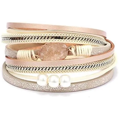 AZORA Womens Leather Wrap Bracelet Handmade Pearls Beads Cuff Bangle Bracelets for Women Girls (druzy Stone) AZORA Womens Leather Wrap Bracelet Handmade Pearls Beads Cuff Bangle Bracelets for Women Girls (druzy Stone)