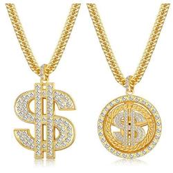 LOYALLOOK 2PCS 18K Gold Plated Chain with Dollar Sign Pendant Necklace Old School Hip Hop Rotatable Dollar Necklace 80s 90s Rapper Costume Big Chunky Turnover Punk Style Necklace