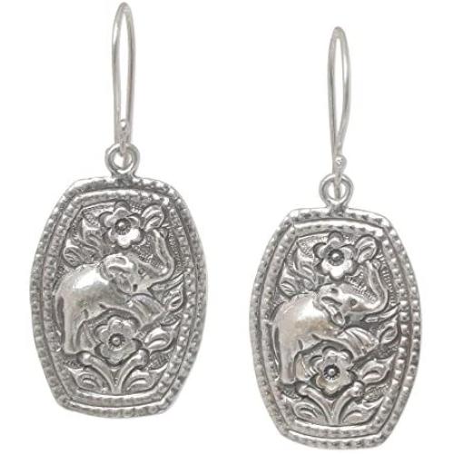 NOVICA .925 Sterling Silver Floral Elephant Dangle Earrings Elephant Roses