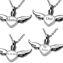 Fanery Sue Personalized Custom Heart Angel Wing Urn Necklace for Ashes Mom Dad Keepsake Cremation Memorial Pendant Necklace