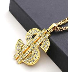 UEJUNBO Gold Chain with Dollar Sign Big Money Necklaces for Men Women,Stainless Steel Iced Out Rhinestone Jewelry,Fashion Pendants with 28 Inches Chain