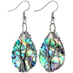 SUNYIK Natural Abalone Shell Tree of Life Dangle Earrings & Shell Half-Moon Pendant Necklace Jewelry Set