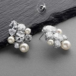 Mariell Handmade Bridal and Wedding Earrings with Cubic Zirconia and Ivory Pearl, Jewelry for Brides