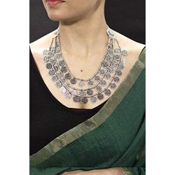 Saissa Oxidised Metal Silver Plated Multi-strand Coins Necklace Indian Jewelry for Women