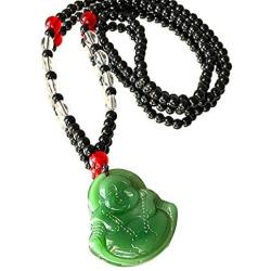 Laughing Buddha Green Jade Stabilized Turquoise Pendant 30''Black White Bead Necklace Carved Long Large Boho Chain Genuine Certified Grade A Jadeite Hand Crafted, Jade Medallion