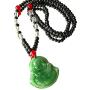 Laughing Buddha Green Jade Stabilized Turquoise Pendant 30''Black White Bead Necklace Carved Long Large Boho Chain Genuine Certified Grade A Jadeite Hand Crafted, Jade Medallion