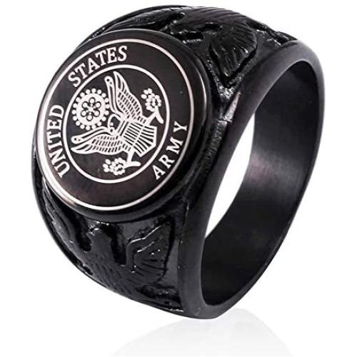 JAJAFOOK Vintage Titanium Steel US Military Army Ring Eagle Medal Rings for Men, Silver/Gold/Black