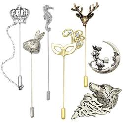 RechicGu Pack 7pcs Men Wedding Stick Lapel Pin Brooch Badge Animal Opera Mask Crown Angel Fairy for Suit Shirt Tie Hat Scarf Fashion Jewelry Gift