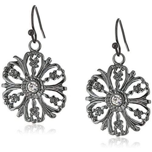 1928 Jewelry Black-Tone Crystal Accent Flower Drop Earrings